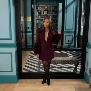 PrettyLittleThing Burgundy Dress with Feathered Cuffs